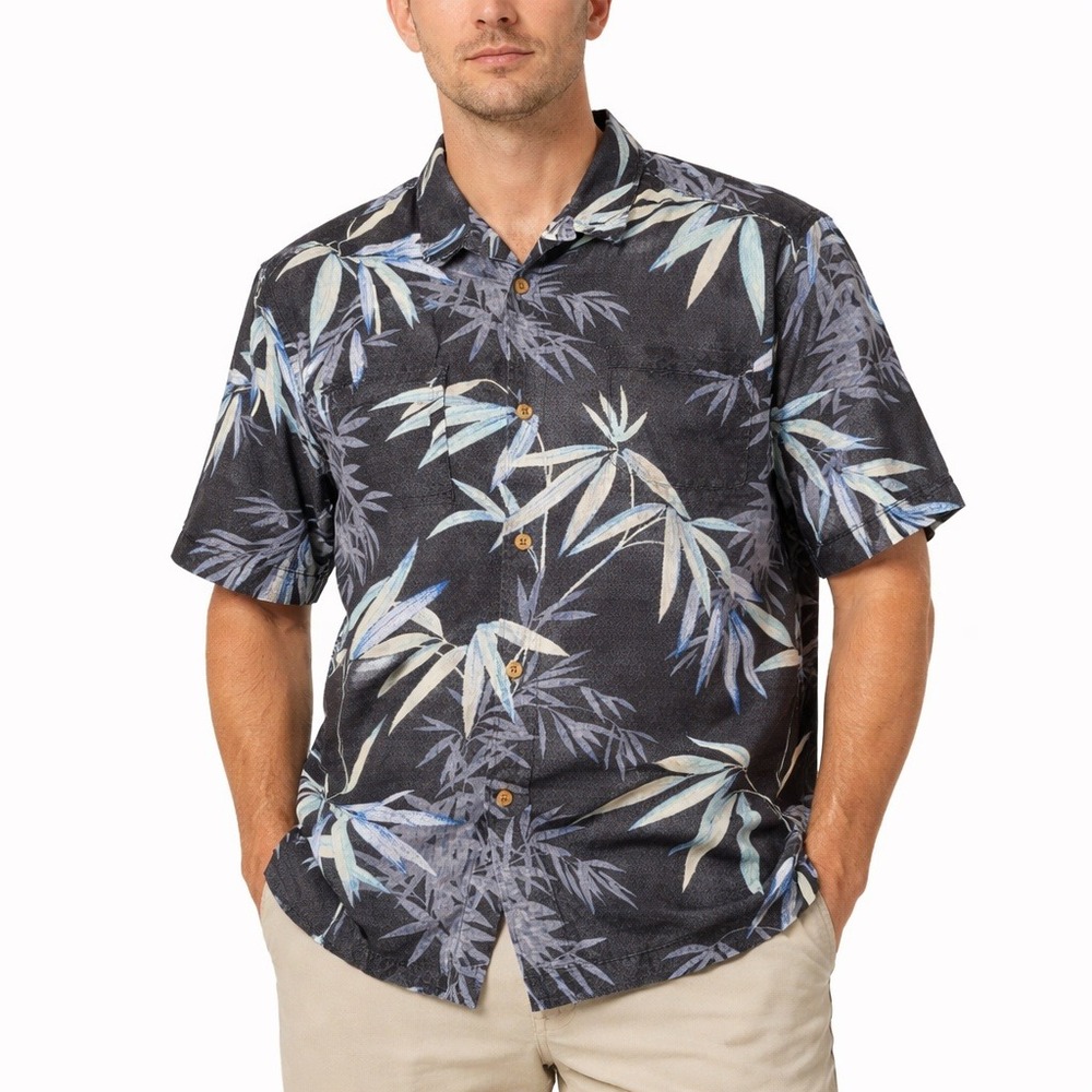 Tommy Bahama Mens Silk Blend Bamboo Leaf Print Hawaiian Shirt Black Blue XL